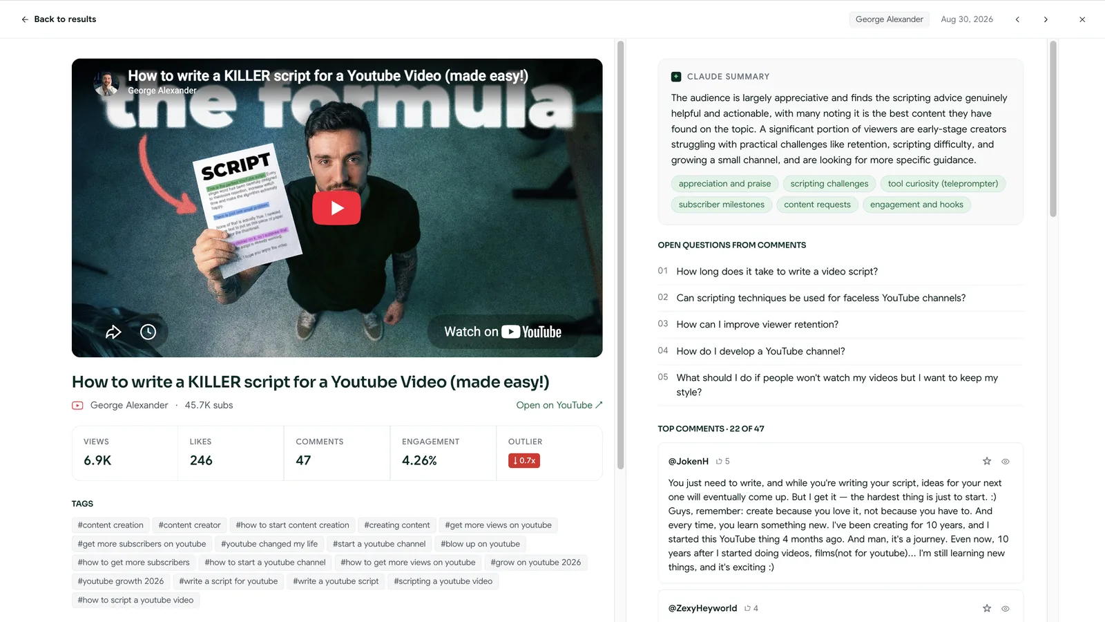 Video detail: hook transcript, AI comment summary and metrics